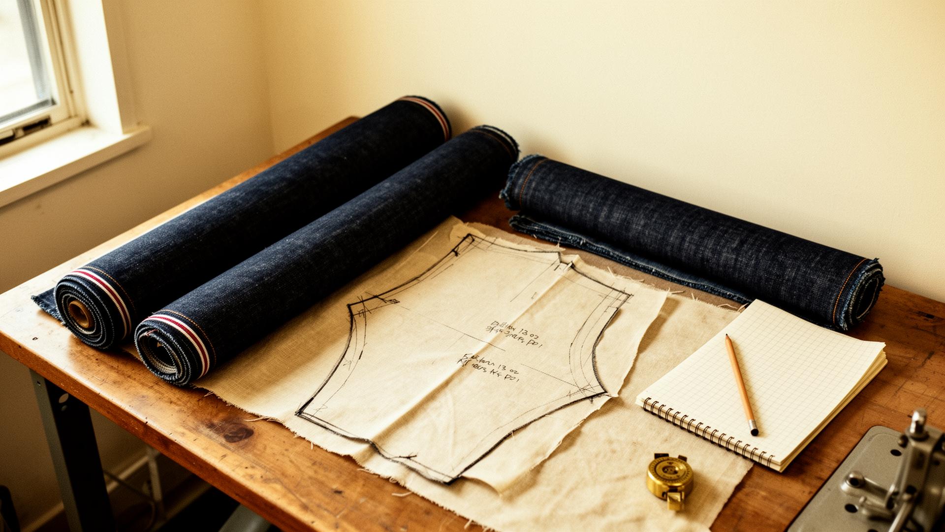 Rolls of 13 oz selvedge indigo denim, muslin pattern piece and grid notebook on a wooden cutting table