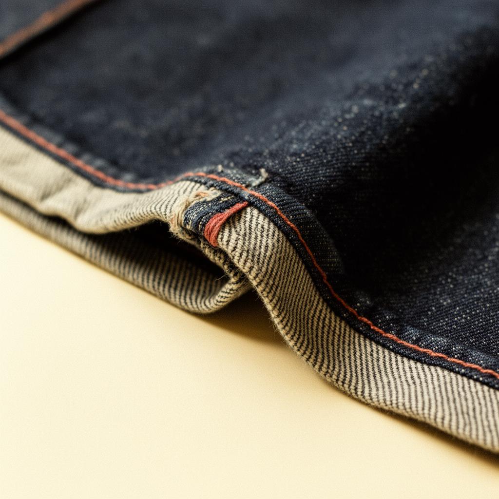 Close-up of a chain-stitch hem on indigo selvedge denim with the colored selvedge edge thread