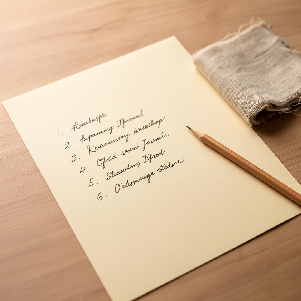 Handwritten numbered list on warm cream paper with a wooden pencil and a small linen swatch